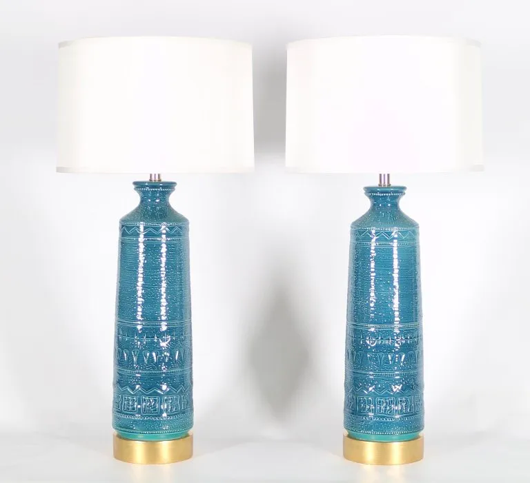 Italian Hollywood Regency Bittossi Style Lamps in Blue & Aqua Glazed Ceramic