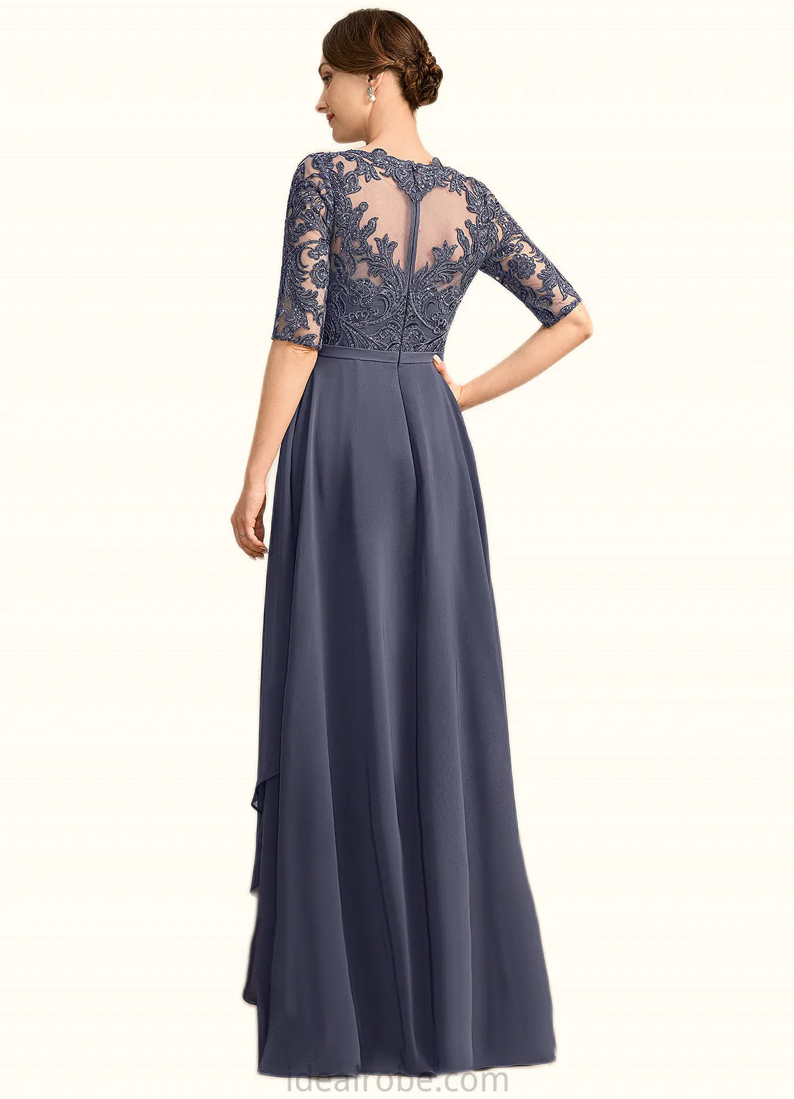 Jacey Sheath/Column Scoop Illusion Floor-Length Chiffon Lace Mother of the Bride Dress With Sequins STKP0021818