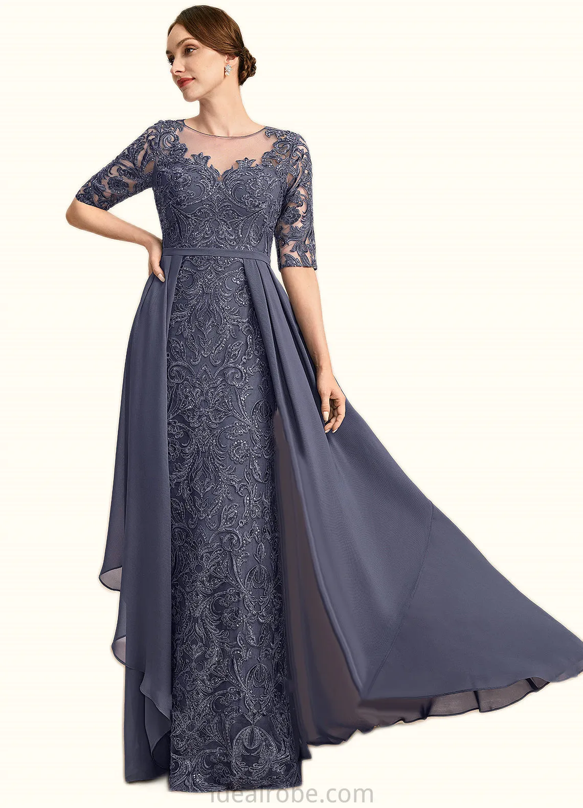 Jacey Sheath/Column Scoop Illusion Floor-Length Chiffon Lace Mother of the Bride Dress With Sequins STKP0021818