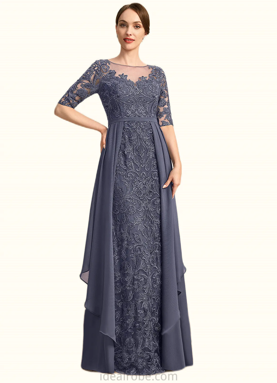 Jacey Sheath/Column Scoop Illusion Floor-Length Chiffon Lace Mother of the Bride Dress With Sequins STKP0021818