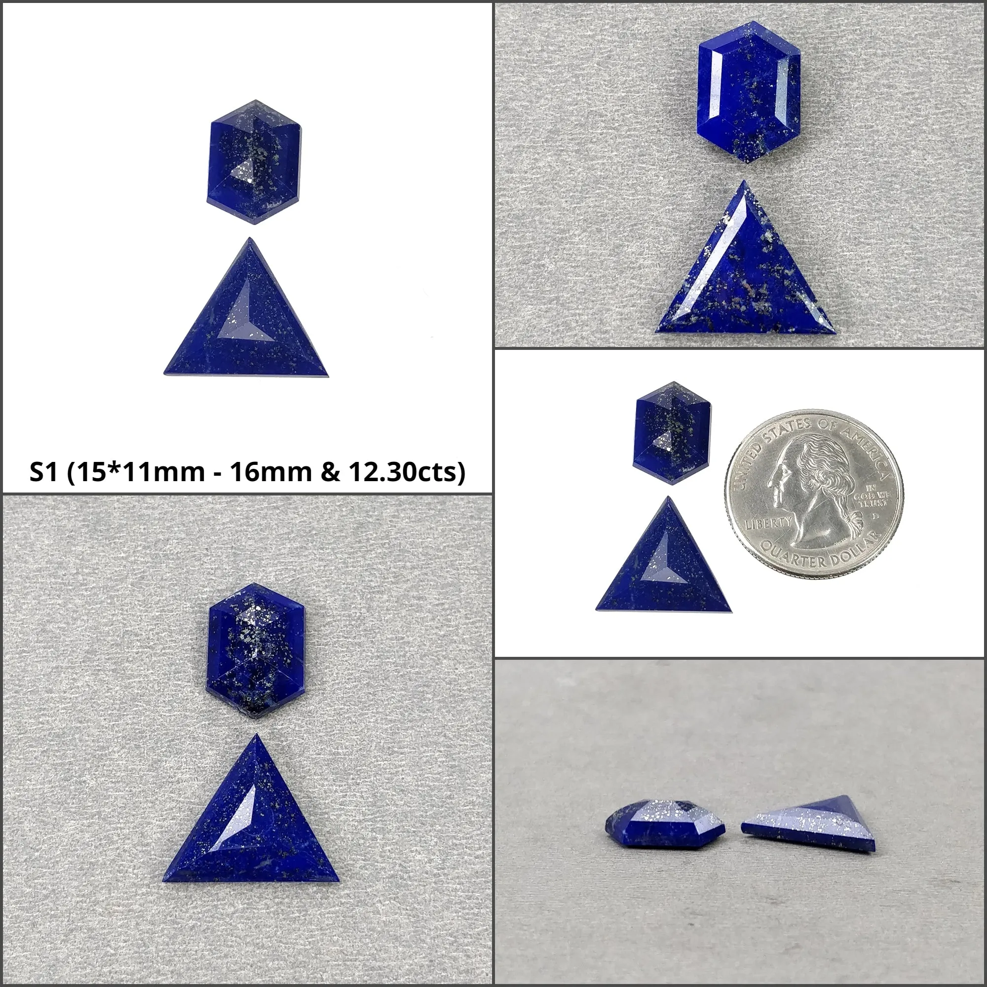 Lapis Lazuli Gemstone Step Cut : Natural Untreated Unheated Blue Lapis Hexagon & Triangle Shape 2pcs Set