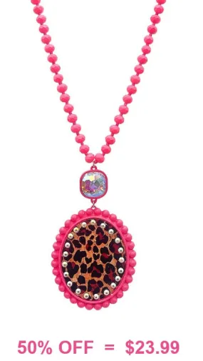 Leopard Oval pendant Neon Pink crystal necklace