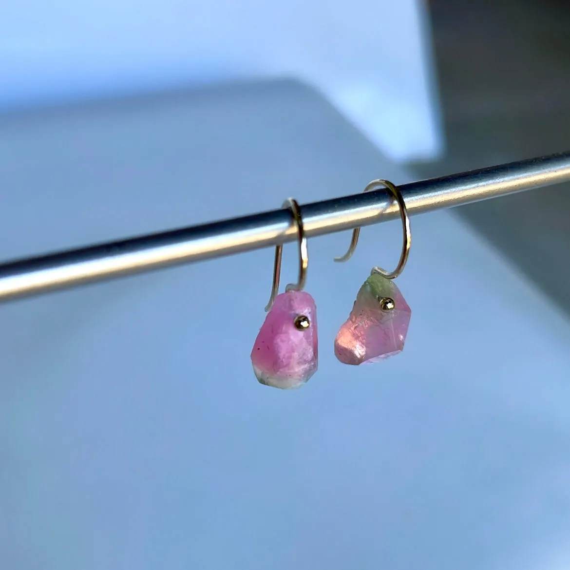 Mini rough pink tourmaline earrings