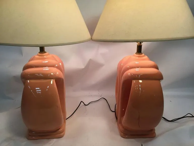 Modern Karl Springer Style Coral Ceramic Lamps