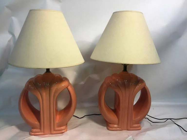 Modern Karl Springer Style Coral Ceramic Lamps