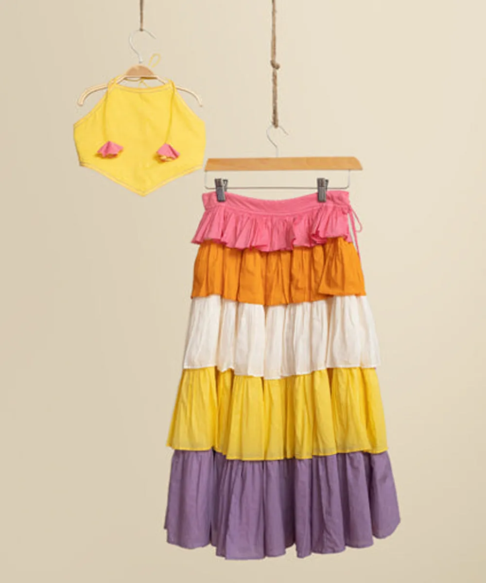 Multicolor cotton halter neck croptop and long skirt