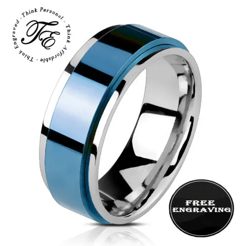 Personalized Men's Promise Ring - Silver and Blue Fidget Spinner Ring