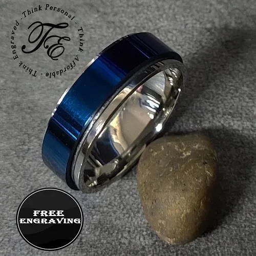 Personalized Men's Promise Ring - Silver and Blue Fidget Spinner Ring