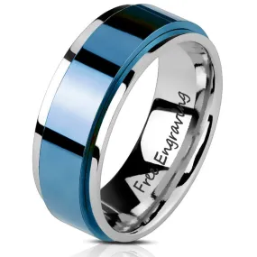 Personalized Men's Promise Ring - Silver and Blue Fidget Spinner Ring