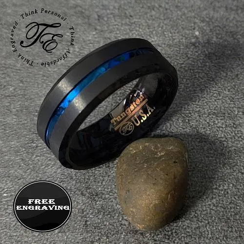 Personalized Men's Wedding Ring Band Grooved Thin Blue Line