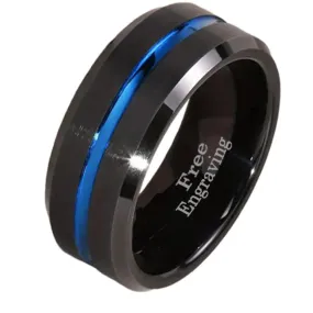 Personalized Men's Wedding Ring Band Grooved Thin Blue Line