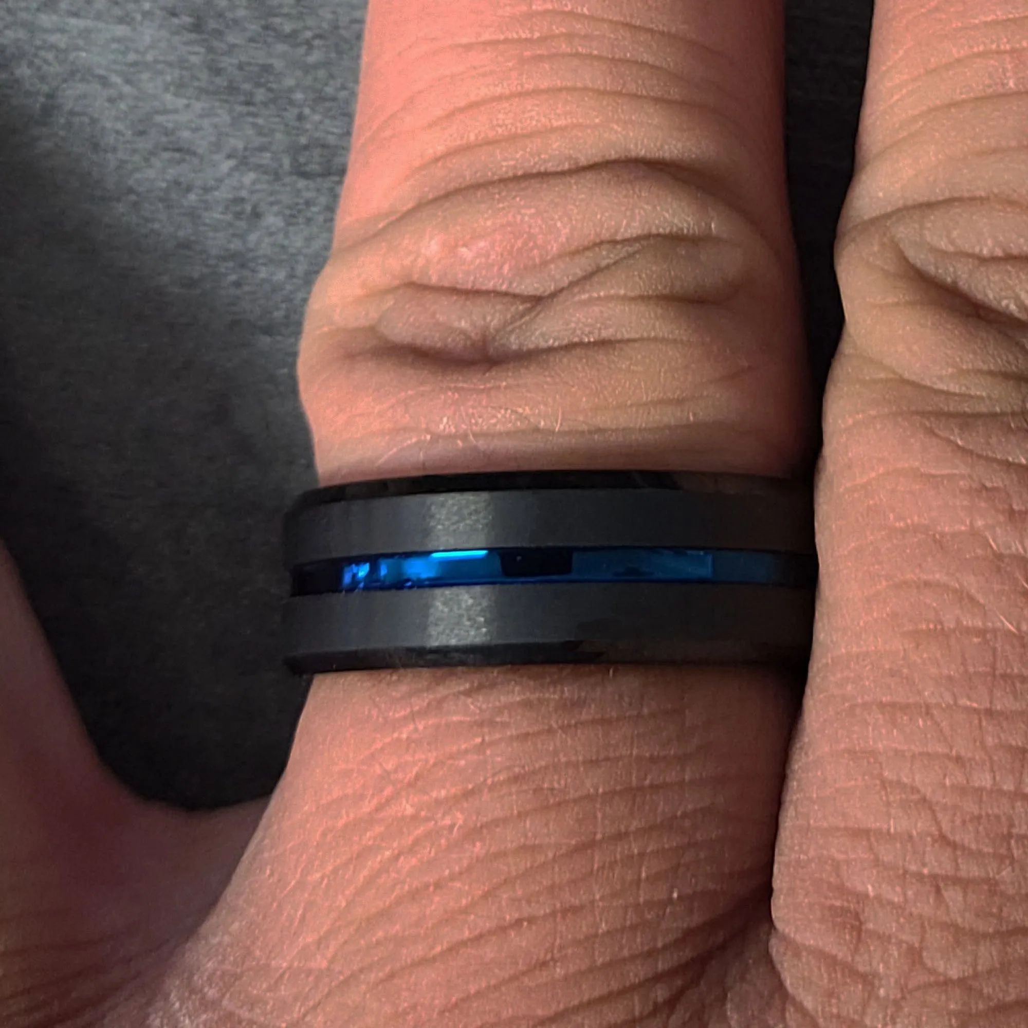 Personalized Men's Wedding Ring Band Grooved Thin Blue Line