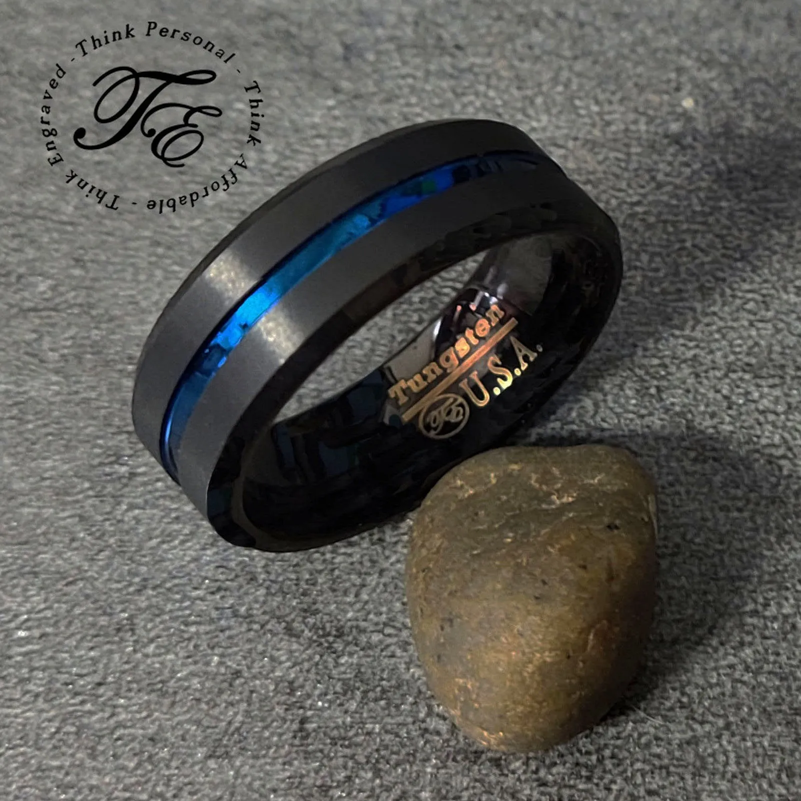 Personalized Men's Wedding Ring Band Grooved Thin Blue Line