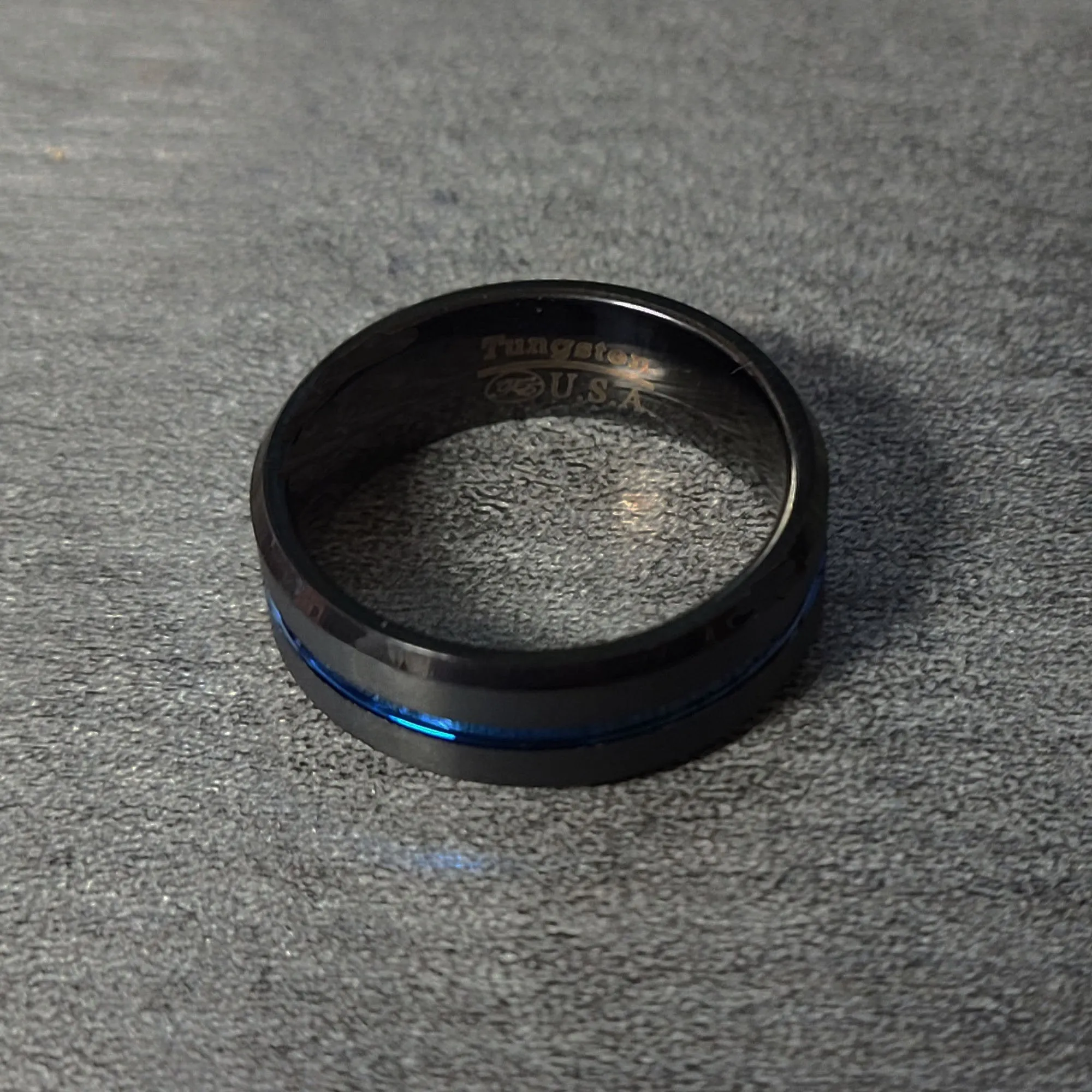 Personalized Men's Wedding Ring Band Grooved Thin Blue Line