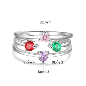 Personalized Round Inlaid 4 Birthstone Stackable Ring For Women