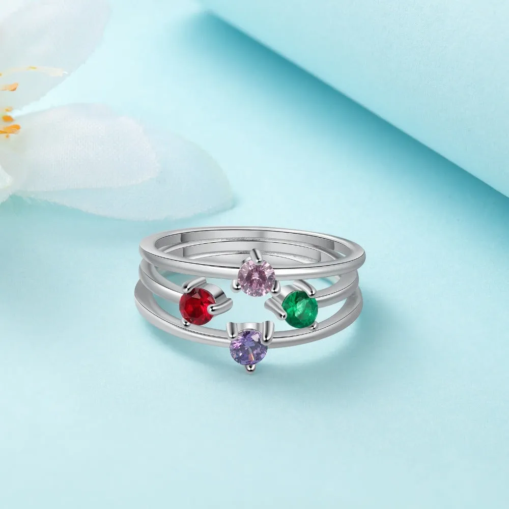 Personalized Round Inlaid 4 Birthstone Stackable Ring For Women