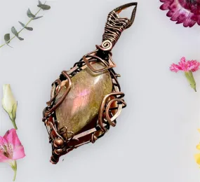 Pink Labradorite Wire Wrapped Pendant