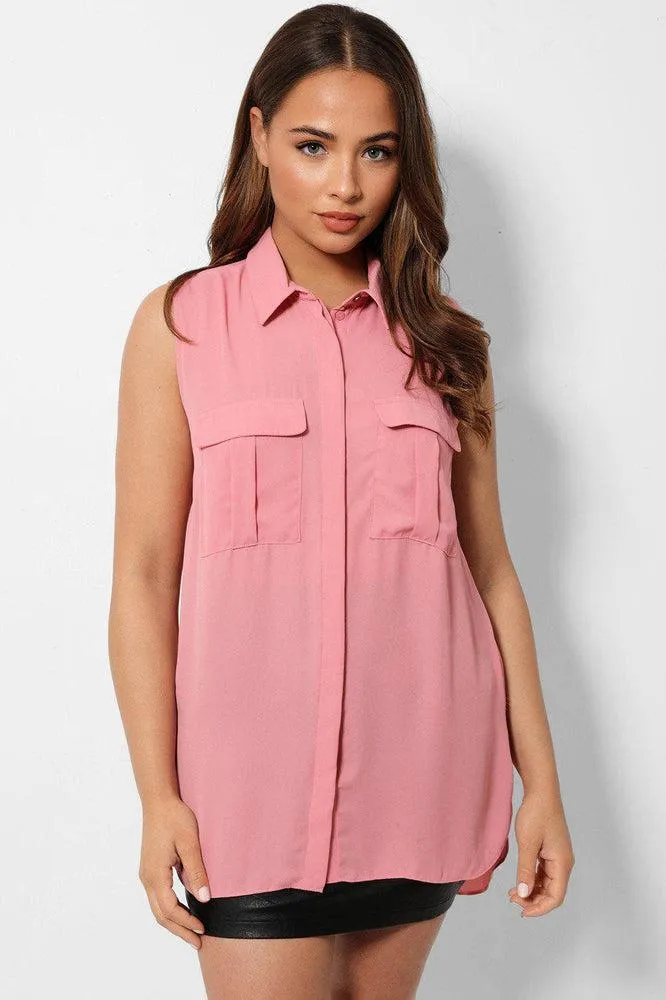 Pink Sleeveless Chest Pocket Shirt