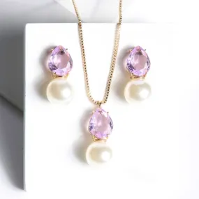 SET NECKLACE   EARRING PEARL & CRYSTAL LAVENDER