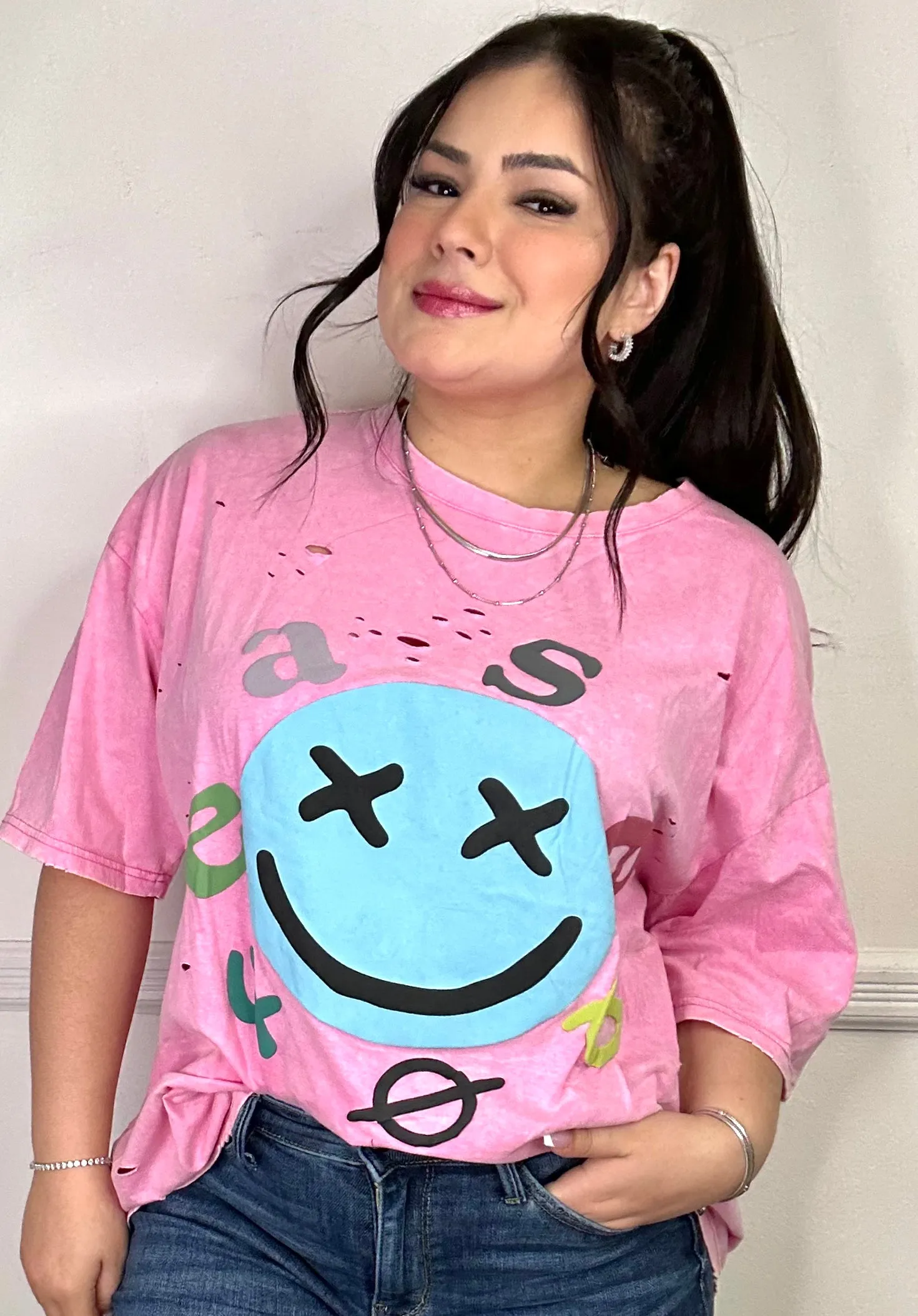 Smiley Face Distressed Washed Top