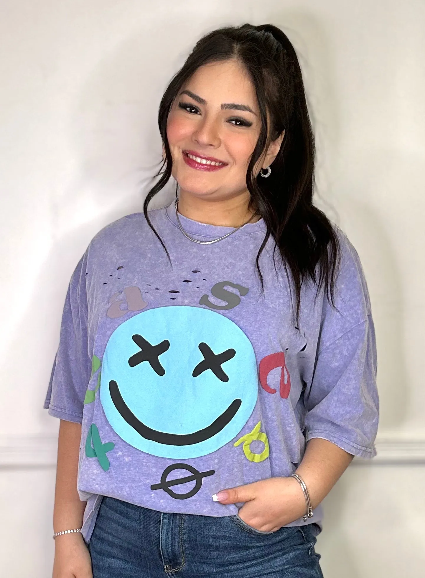 Smiley Face Distressed Washed Top