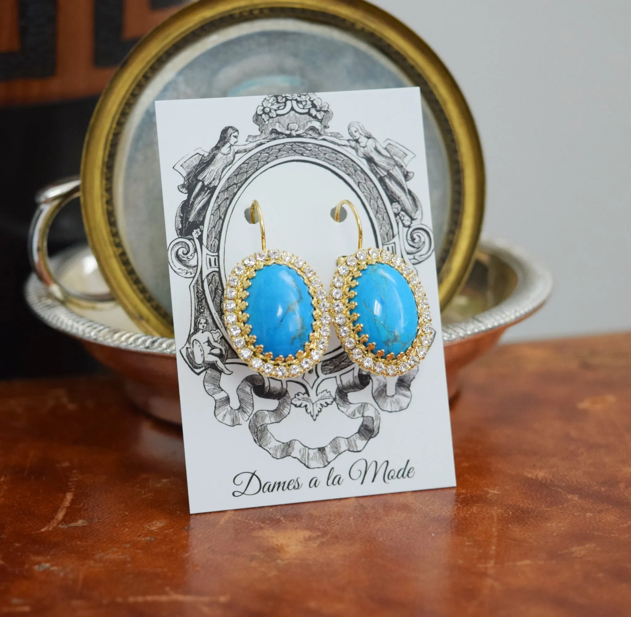 Turquoise Crown & Halo Earrings - Large Oval