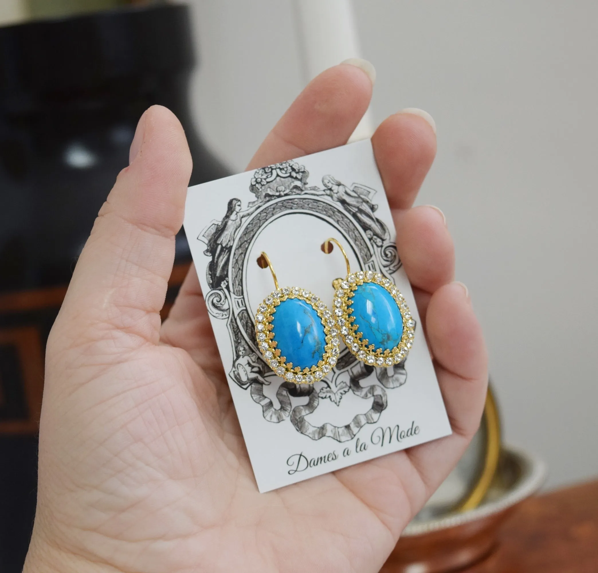 Turquoise Crown & Halo Earrings - Large Oval