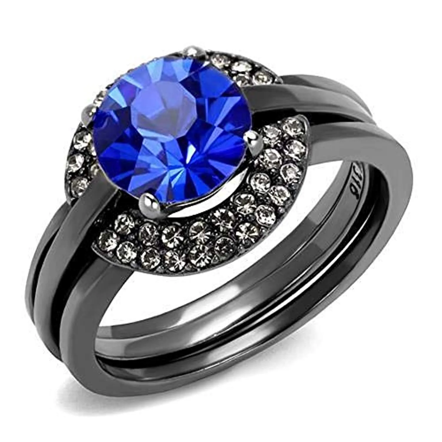 WildKlass Stainless Steel Ring IP Light Black (IP Gun) Women Top Grade Crystal Sapphire