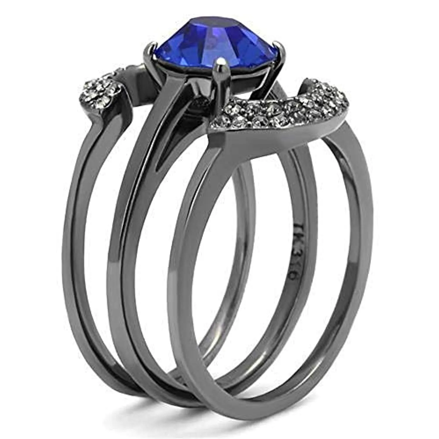 WildKlass Stainless Steel Ring IP Light Black (IP Gun) Women Top Grade Crystal Sapphire